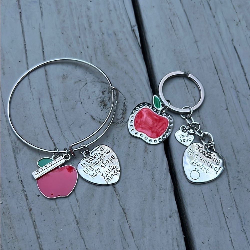 Teacher Apple Charm Bracelet and Keychain Set
